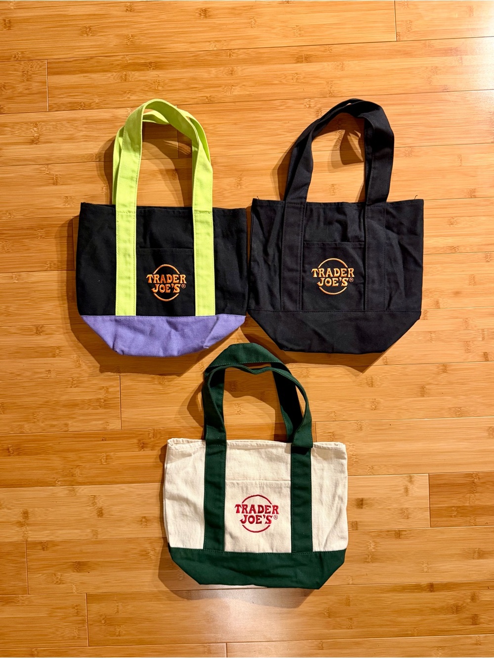 Trader Joe’s Minu Tote Bag - Black/Orange, Beige/Green, Black/Lime/Purple